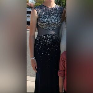 Navy Blue with Sheer Waist and Open Back - Prom Dress - Full Length